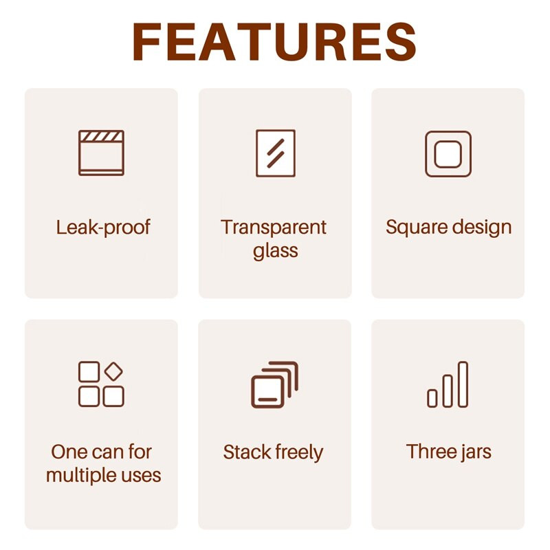 3 ks priehľadných štvorcových sklenených úložných dóz s bambusovými viečkami a bambusovými lyžičkami - Vzduchotesné nádoby na potraviny - Sklenené kuchynské nádoby