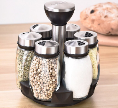 Nerezová oceľová rotačná sada koreniacich nádob, kuchynská soľnička a korenička, domáca fľaša, omáčka, korenie, stojan na korenie