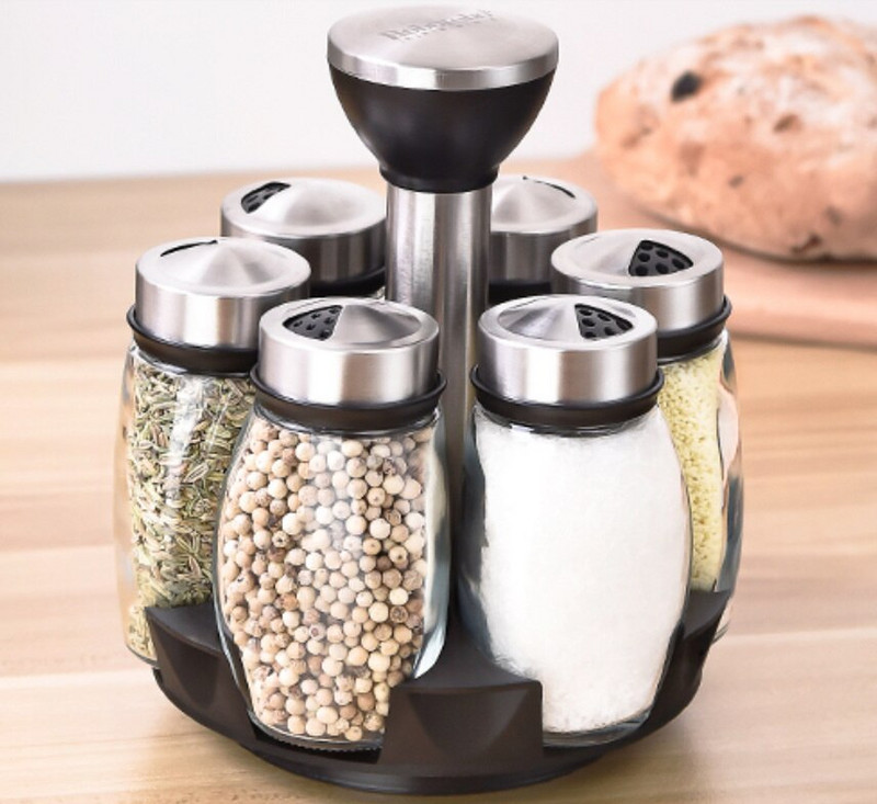 Nerezová oceľová rotačná sada koreniacich nádob, kuchynská soľnička a korenička, domáca fľaša, omáčka, korenie, stojan na korenie