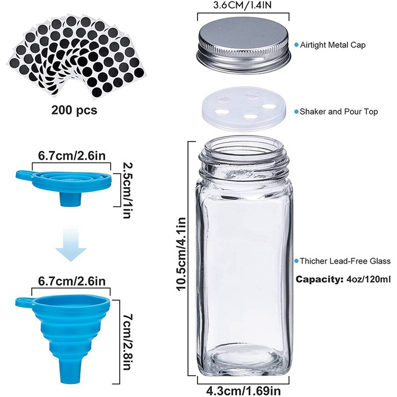 Βαζάκια μπαχαρικών Spice Glass Container Τετράγωνο δοχείο μπαχαρικών Βαζάκια μπαχαρικών με χωνί, πινέλο, ετικέτες 120 Ml/4 Oz, Σετ 24 τμχ
