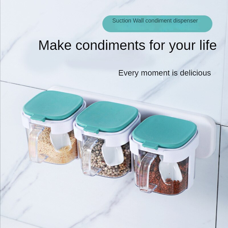 Nástenná kuchynská koreniaca dóza bez dierovačov s vekom, lyžicou, úložným priestorom na korenie, glutamát sodný, soľnička, kombinácia domáceho náradia