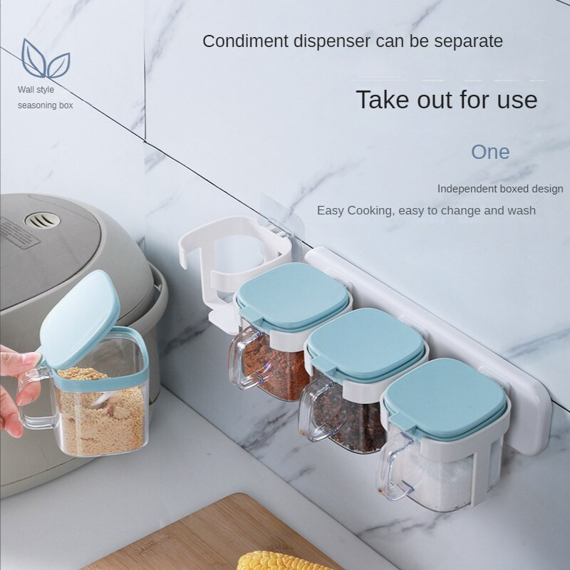 Nástenná kuchynská koreniaca dóza bez dierovačov s vekom, lyžicou, úložným priestorom na korenie, glutamát sodný, soľnička, kombinácia domáceho náradia