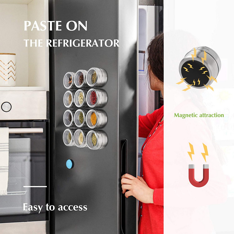 Magnetická nádoba na koreničky s etiketami, stojany na koreničky, nádoba z nehrdzavejúcej ocele, plechovky na koreničky s nástennou základňou, spreje na korenie, nástroj na plechovky