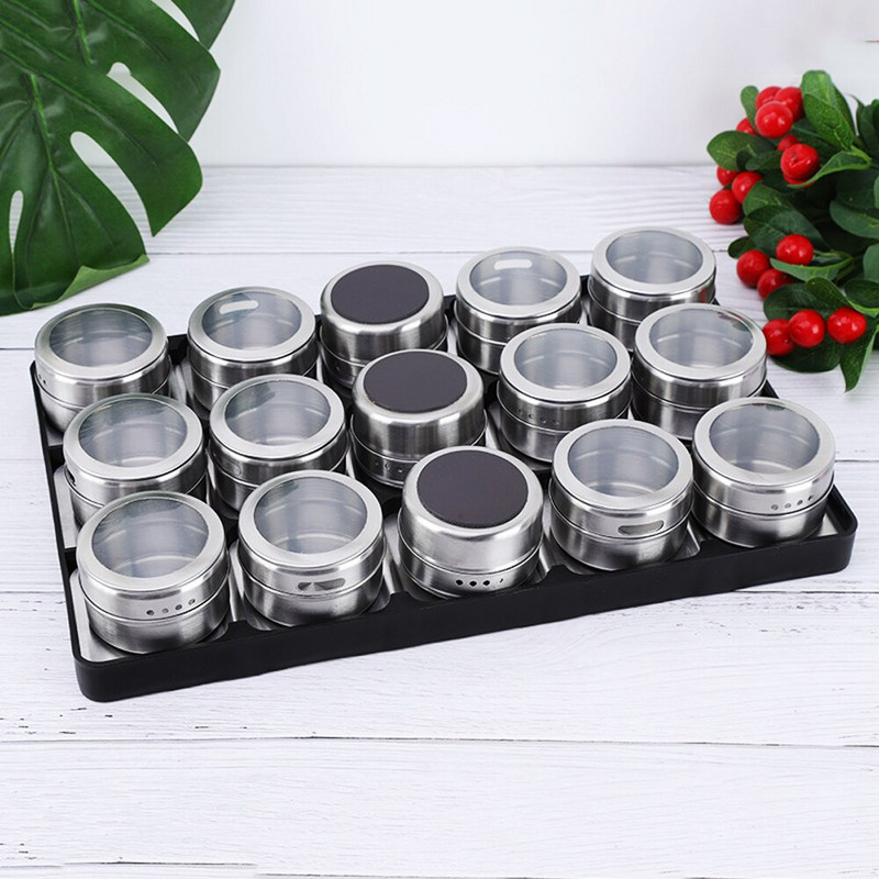 Magnetická nádoba na koreničky s etiketami, stojany na koreničky, nádoba z nehrdzavejúcej ocele, plechovky na koreničky s nástennou základňou, spreje na korenie, nástroj na plechovky