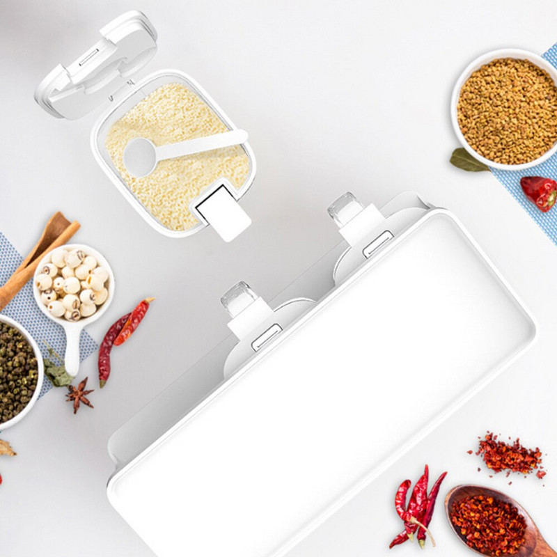 Automaticky vyklápacia korenie, nástenná plastová nádoba na korenie s lyžičkou, soľou a korením do kuchyne, stojan na korenie