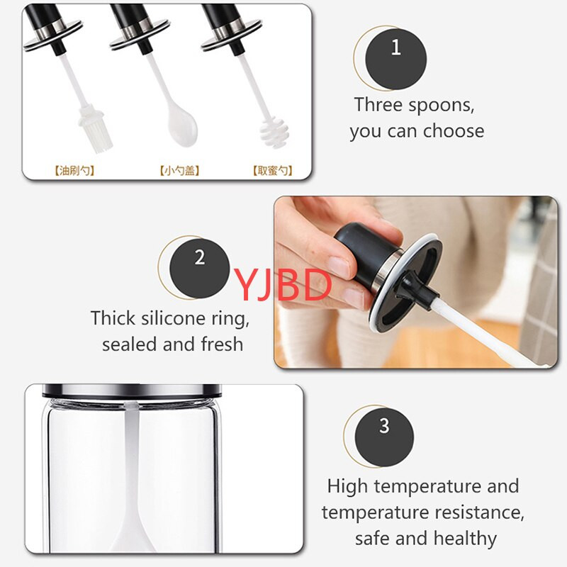 Sklenené nádoby na korenie YJBD s lyžičkou, olejom, medom, soľou a korením, dávkovačom fľaše, kuchynské príslušenstvo