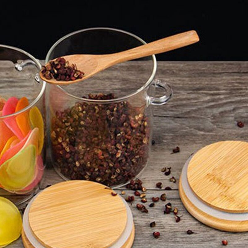 4-dielna cukornička s bambusovým viečkom a lyžičkou, číra sklenená nádoba na skladovanie v kuchyni