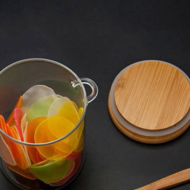 4-dielna cukornička s bambusovým viečkom a lyžičkou, číra sklenená nádoba na skladovanie v kuchyni