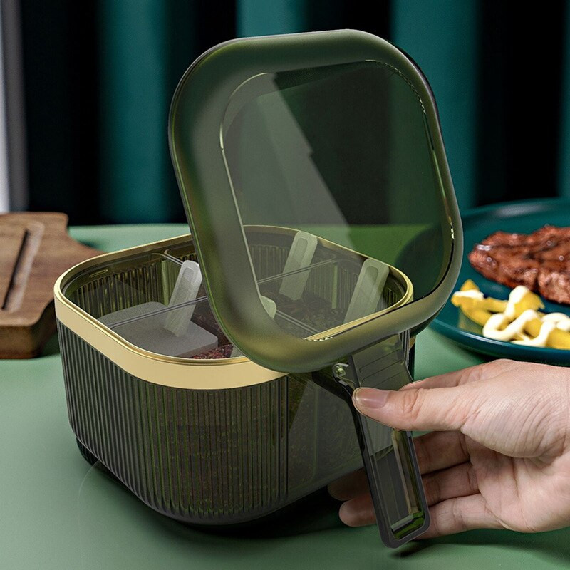 Domáca 4 v 1 plastová koreniaca krabička s vekom, kuchynská koreniaca krabička, soľ, cukor, glutaman sodný, skladovanie, korenie, sada pohárov