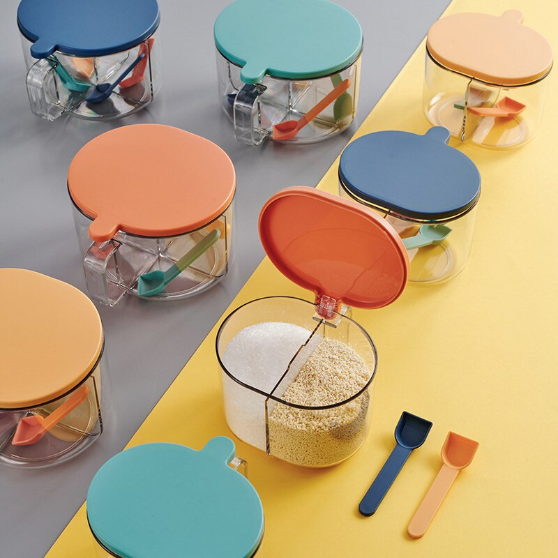 Keturi viename su šaukštu Prieskonių stiklainis Virtuvės tvarkyklė Įrankiai Dėžutės Prieskoniai Skaidrus Cukrus Druska Virtuvės reikmenys