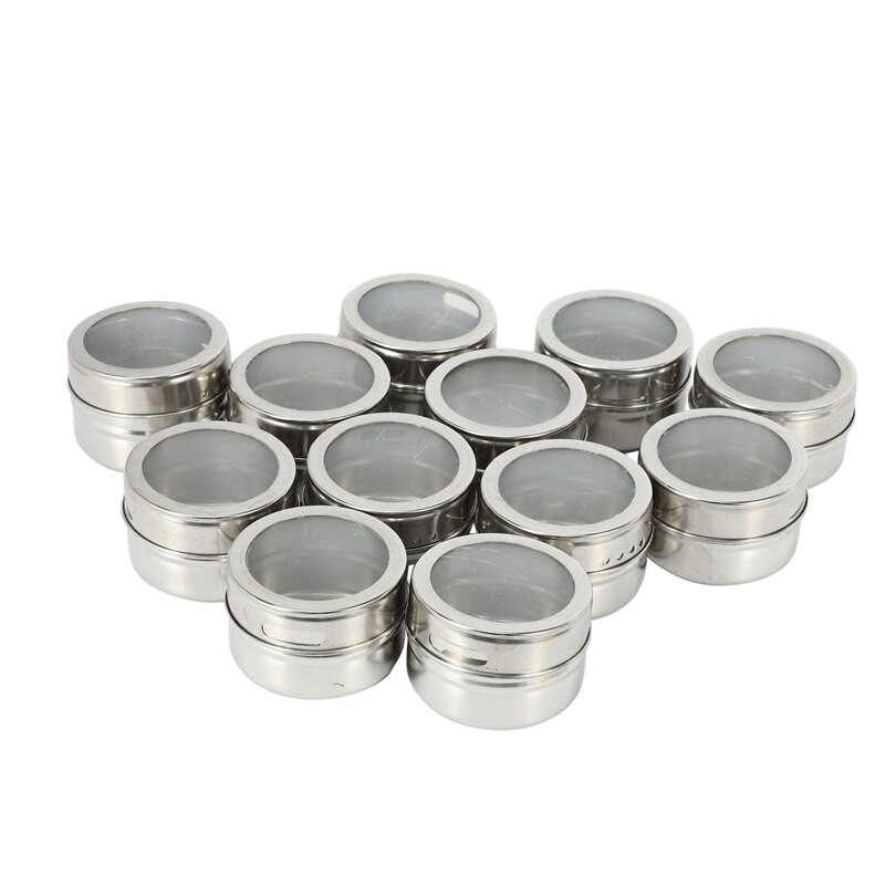 12 ks/sada magnetických plechových dóz s priehľadným viečkom, nerezová oceľ, úložná nádoba na korenie a omáčku, kuchynské korenie, držiak na domáce potreby