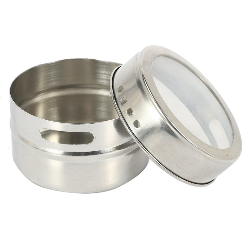 12 ks/sada magnetických plechových dóz s priehľadným viečkom, nerezová oceľ, úložná nádoba na korenie a omáčku, kuchynské korenie, držiak na domáce potreby