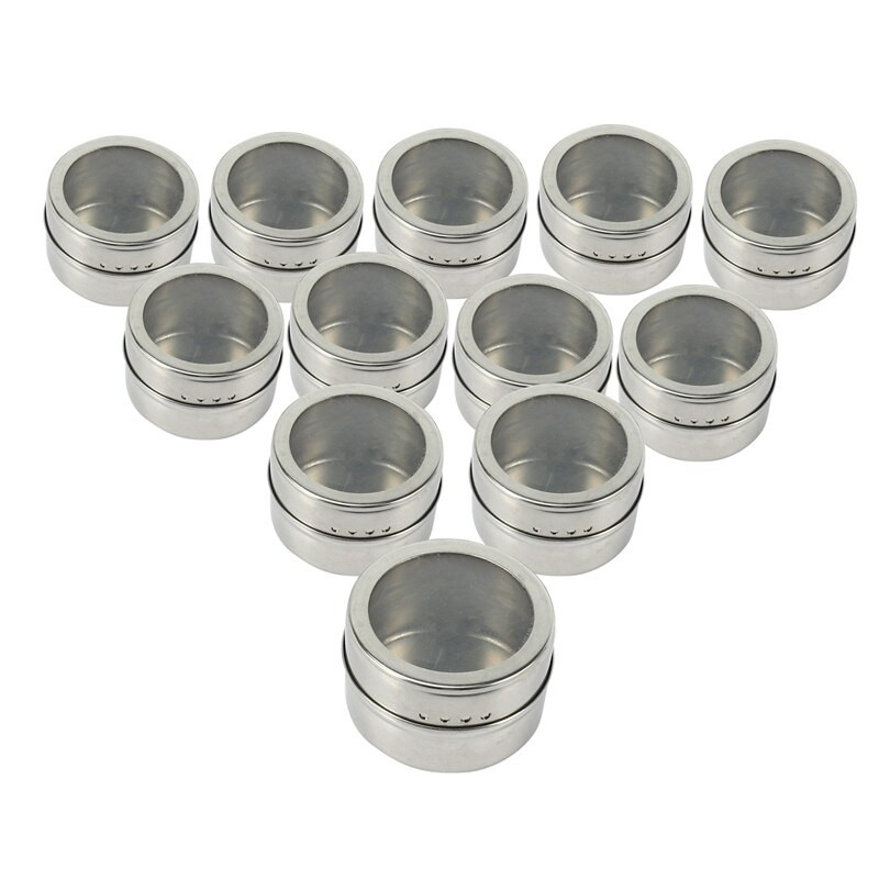 12 ks/sada magnetických plechových dóz s priehľadným viečkom, nerezová oceľ, úložná nádoba na korenie a omáčku, kuchynské korenie, držiak na domáce potreby