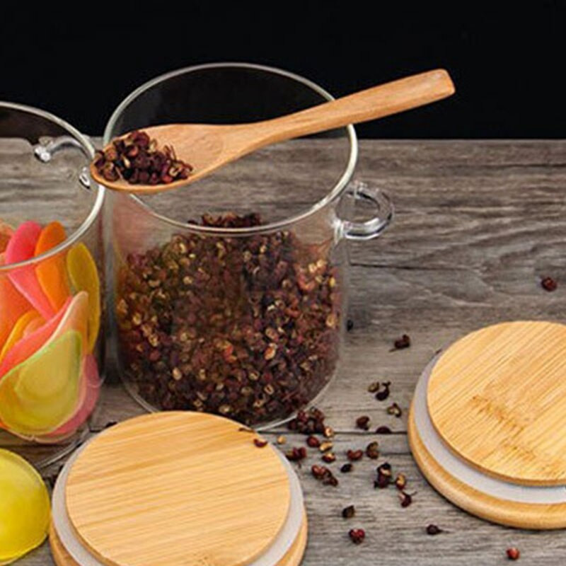 2 vnt. Cukraus dubuo su bambuko dangteliu ir šaukštu skaidraus stiklo indelis virtuvės laikymui