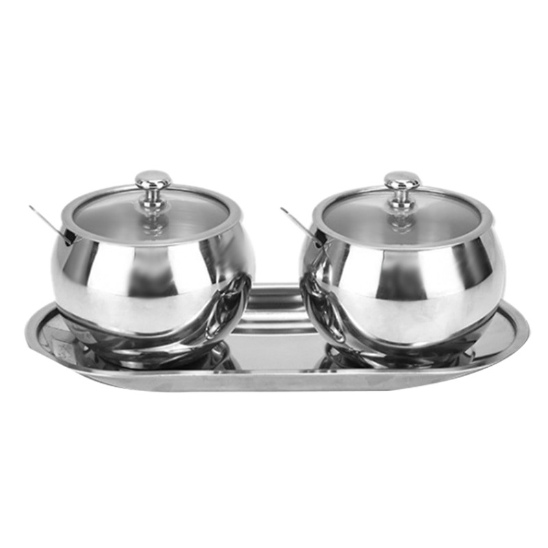 Cukraus dubuo su dangteliu ir šaukštu, 2 nerūdijančio plieno druskos dubenys su prieskoniais, prieskonių indeliai, sidabro spalvos