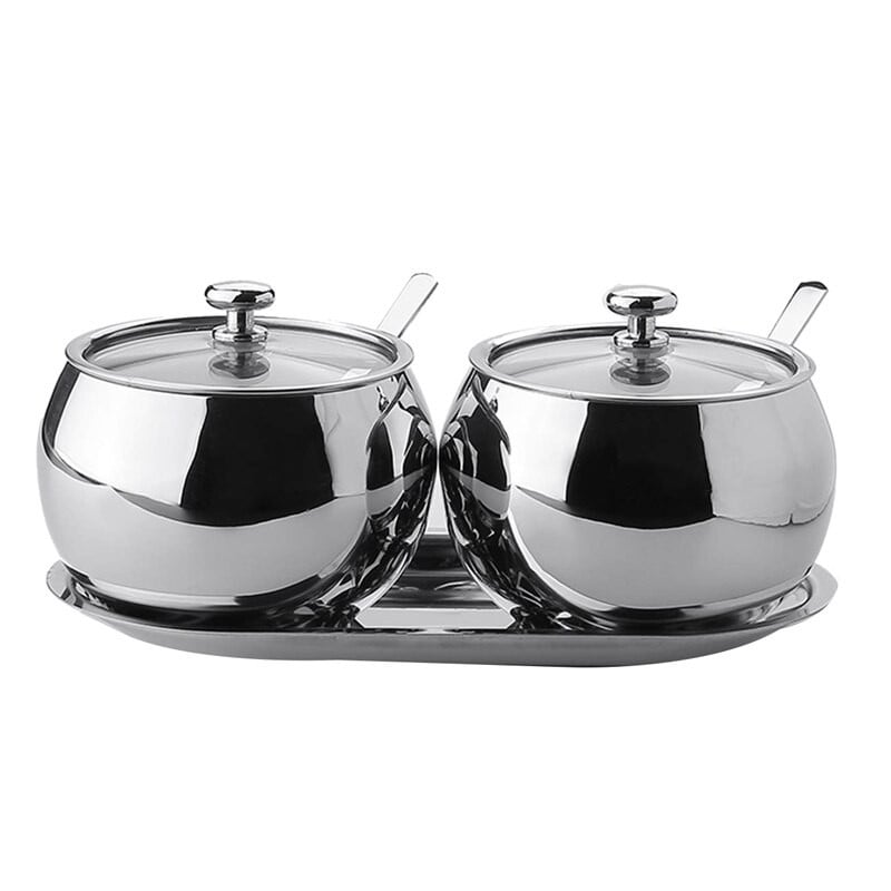 Cukraus dubuo su dangteliu ir šaukštu, 2 nerūdijančio plieno druskos dubenys su prieskoniais, prieskonių indeliai, sidabro spalvos