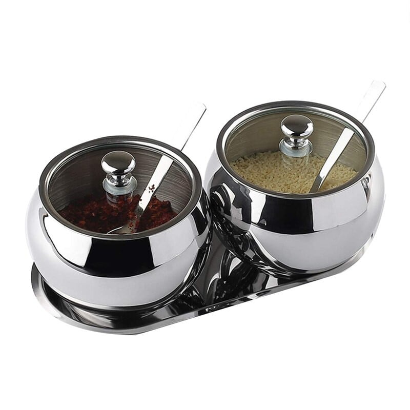 Cukraus dubuo su dangteliu ir šaukštu, 2 nerūdijančio plieno druskos dubenys su prieskoniais, prieskonių indeliai, sidabro spalvos