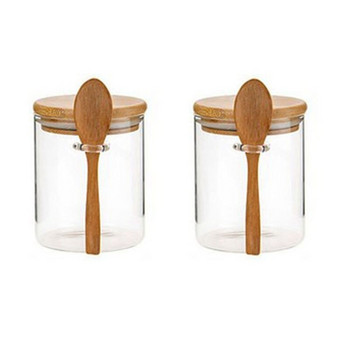 2бр. Захарница с бамбуков капак и лъжица Прозрачен стъклен буркан за кухненско съхранение