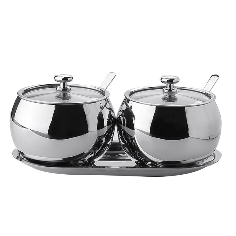 Cukraus dubuo su dangteliu ir šaukštu 2 nerūdijančio plieno druskos dubuo Prieskonių indelių rinkinys Pagardų indeliai Sidabriniai