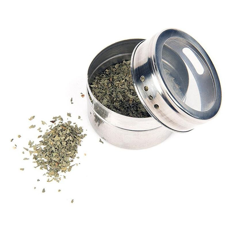 Praktická sada 12 ks magnetických plechových dóz s priehľadným viečkom, nerezová oceľ, úložná nádoba na korenie a omáčku, držiak na kuchynské korenie