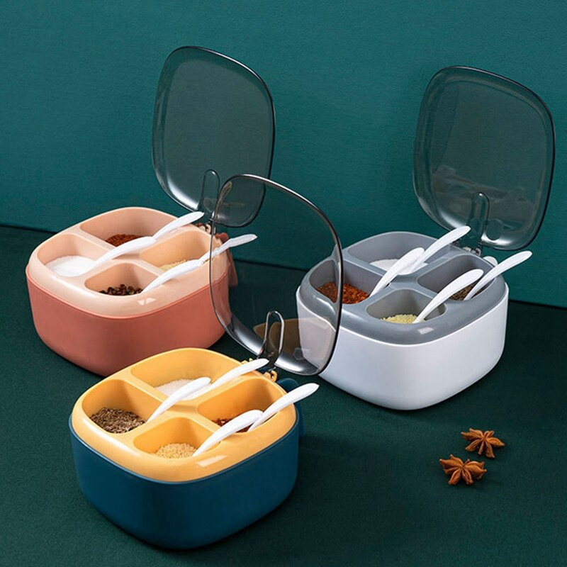 LBER buitinės virtuvės prieskonių keturių skyrių saugykla Kelių skyrių prieskonių indelis su miltelių šaukšto tvarkykle