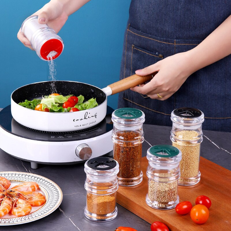 3 ks pohárov na korenie, soľnička a korenička, korenie, organizér na korenie, plastový gril, korenie, kuchynský gadget.