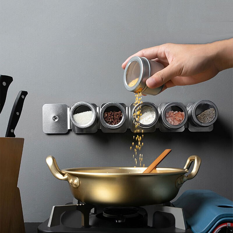 Magnetiniai prieskonių stiklainiai nerūdijančio plieno prieskonių padažo laikymo talpykla skaidraus dangčio prieskonių skardinės sandari kepsnių laikymo dėžutė su stovu