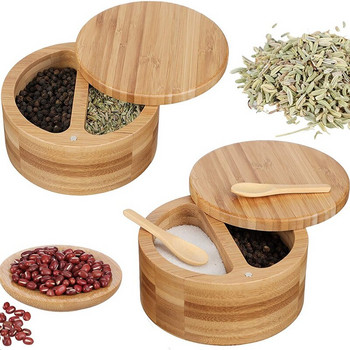 Бамбукова кутия за сол и черен пипер с отделение с магнитни въртящи се капаци и 2 броя мини бамбукови лъжици за кухненски инструмент