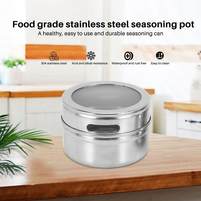 6 ks / sada magnetických dóz na korenie s priehľadným viečkom, nerezová oceľ, úložná nádoba na korenie, omáčky, hrnce, kuchynský držiak na korenie, domáce potreby