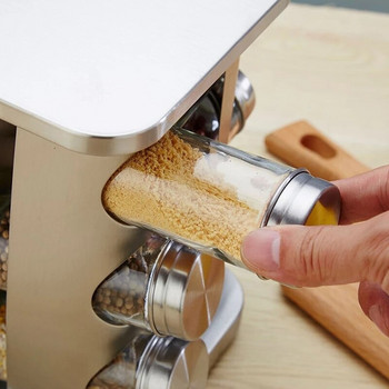 Съхранение на кухненски буркани за подправки Въртяща се основа Буркан от неръждаема стомана Стъклен буркан Солница и пипер спрей Органайзер Комплект контейнери