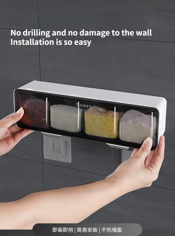 Prie sienos montuojama virtuvės prieskonių laikymo dėžutė Druskos pipirų lentynėlė su šaukštu prieskonių dozatoriumi Virtuvės organizatoriaus priedai