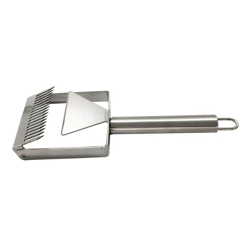 Včelárske nástroje, škrabka na med, drevená rukoväť, nerezová oceľ, odviečkovacie vidličky, včelí úľ, nástroj na med.