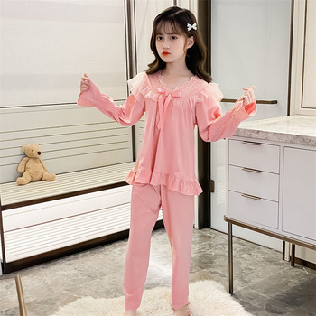Детска пижама за момичета от две части с панделка и бродерия