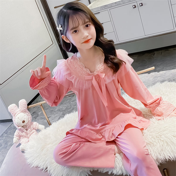 Vaikiška dviejų dalių pižama mergaitėms su kaspinu ir siuvinėjimu