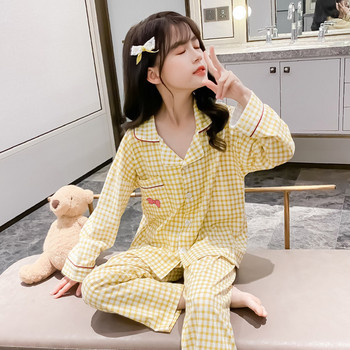 Детска карирана пижама за момичета с класическа яка и джоб