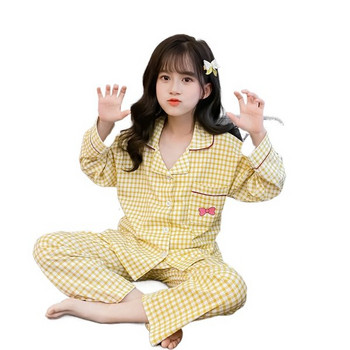 Детска карирана пижама за момичета с класическа яка и джоб