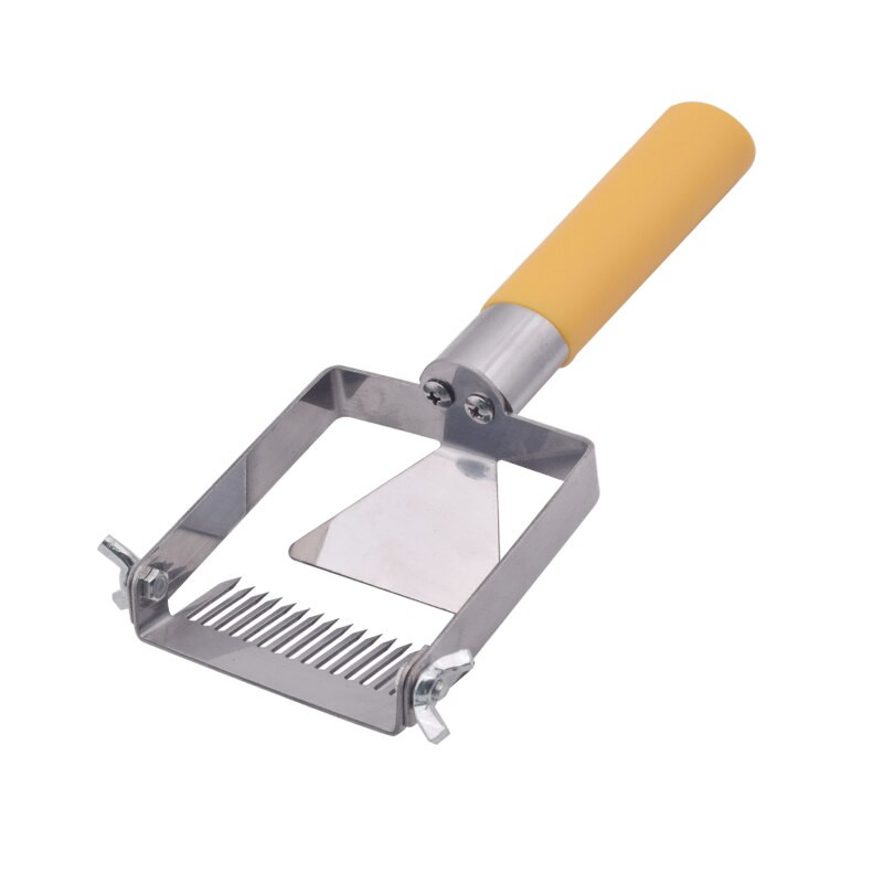 Nerezová oceľová vidlička na odviečkovanie medu, škrabka na med so žltou plastovou rukoväťou, škrabka na plást, včelárske nástroje, včelárske potreby