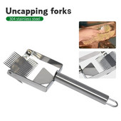 Včelársky nôž z nehrdzavejúcej ocele, vidlička na odviečkovanie úľov, škrabka na lopatu, vidlička na med, hrebeň na med, dvojitá ihla, škrabka na včely.