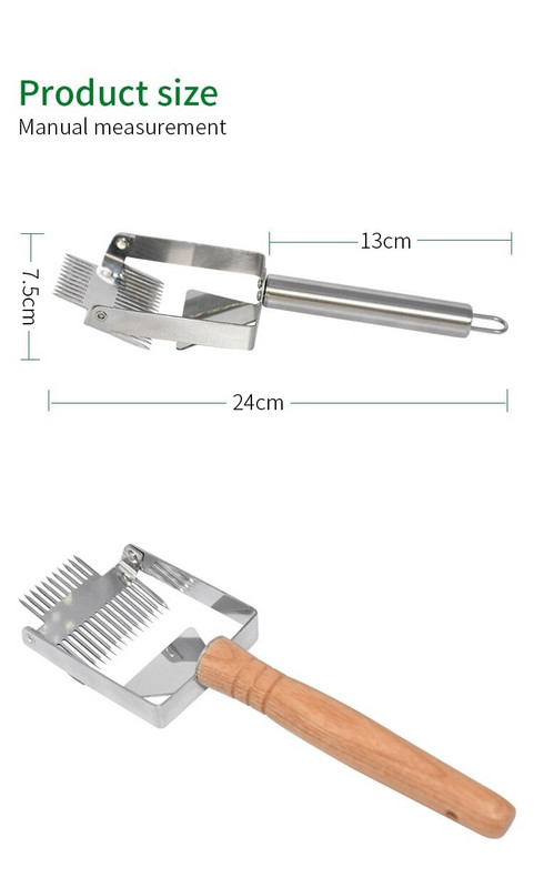 Včelársky nôž z nehrdzavejúcej ocele, vidlička na odviečkovanie úľov, škrabka na lopatu, vidlička na med, hrebeň na med, dvojitá ihla, škrabka na včely.