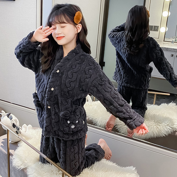 Detské dvojdielne plyšové pyžamo na gombíky pre dievčatá