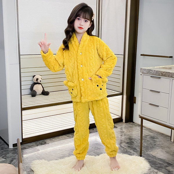 Detské dvojdielne plyšové pyžamo na gombíky pre dievčatá