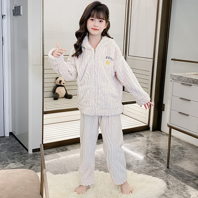 Παιδική βελούδινη πιτζάμες με φερμουάρ και τσέπη για κορίτσια