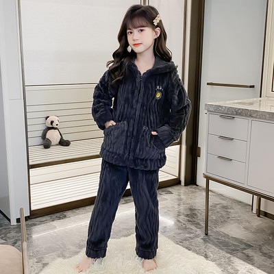 Παιδική βελούδινη πιτζάμες με φερμουάρ και τσέπη για κορίτσια