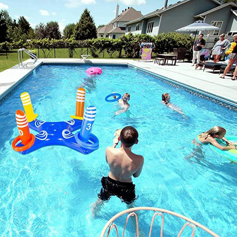 Nafukovacie hračky do bazéna s hodom krúžkom so 6 ks krúžkov, plávajúci bazén, vodný plávajúci hádzací krúžok