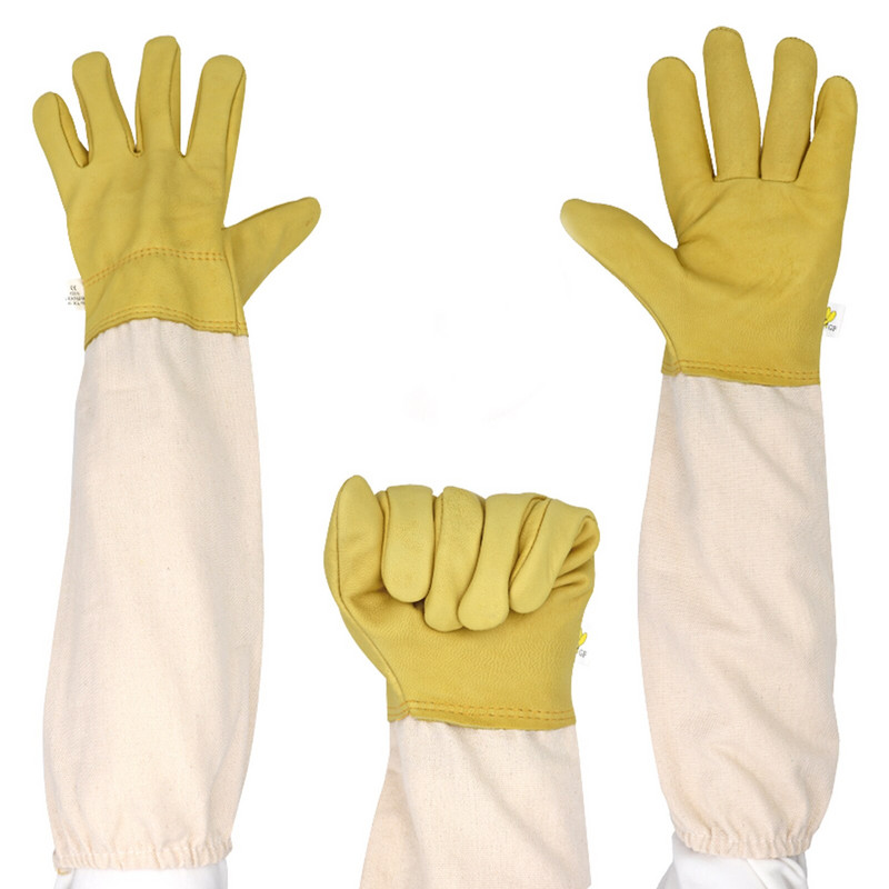 Biškopības cimdi Biškopības piederumi Kazādas Ādas Biškopja cimdi ar garu audekla piedurkni un elastīgu aproci Biškopja cimdi priekš M