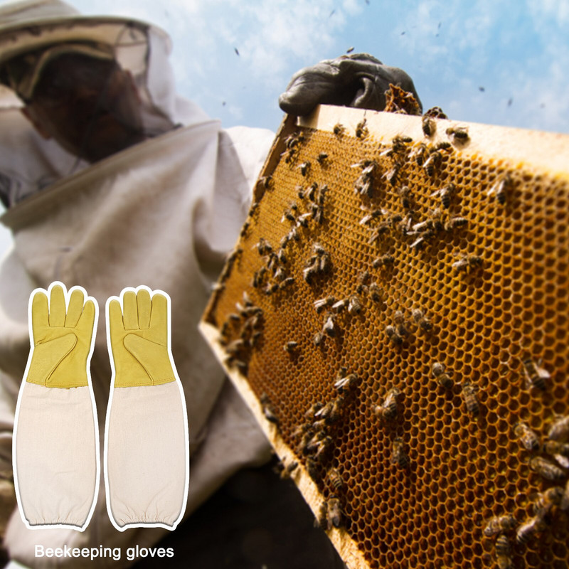 Biškopības cimdi Biškopības piederumi Kazādas Ādas Biškopja cimdi ar garu audekla piedurkni un elastīgu aproci Biškopja cimdi priekš M