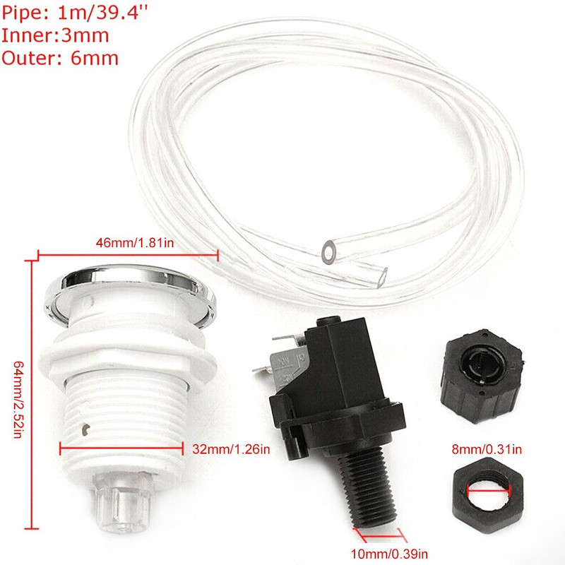 Súprava vzduchového spínača na likvidáciu odpadu, tlačidlový spínač zapnutia/vypnutia, samosvorný s 1 m vzduchovou hadicou pre drvič odpadu z drezu do vane a vírivky
