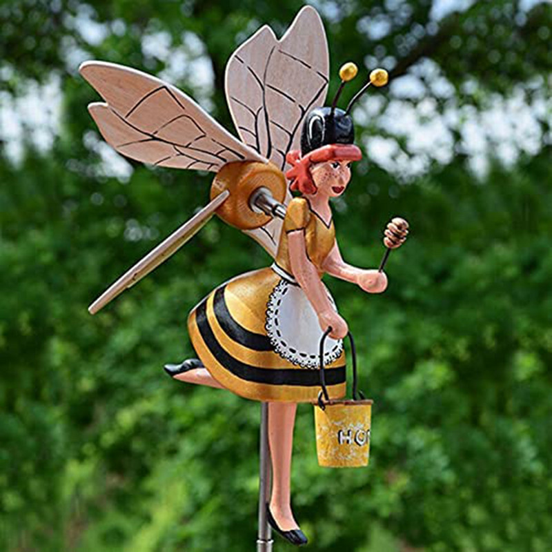 Roztomilá záhradná dekorácia veterného mlyna, včelia víla/klaun, drevená socha farmy, vonkajšia ozdoba, veterný mlyn, klaun, personalizovaný nádvorie