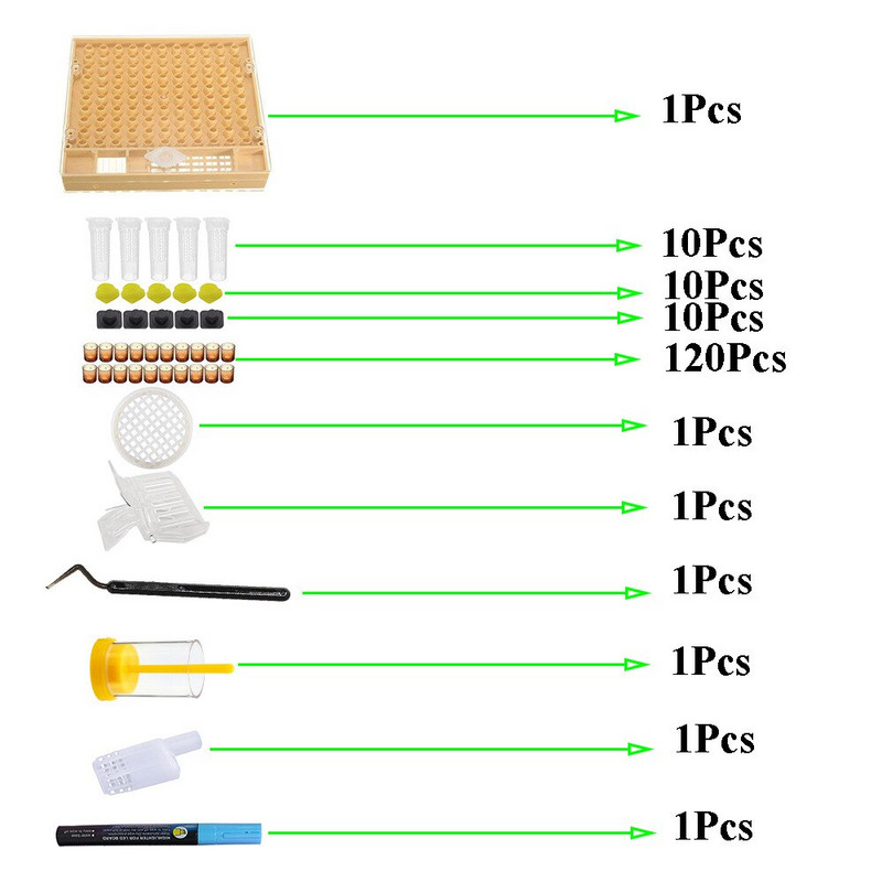 157 ks kompletná súprava na odchov kráľovných, pestovateľská krabica na včely, plastové bunky na včely, poháre na bunky, súprava klietok, včelárske nástroje