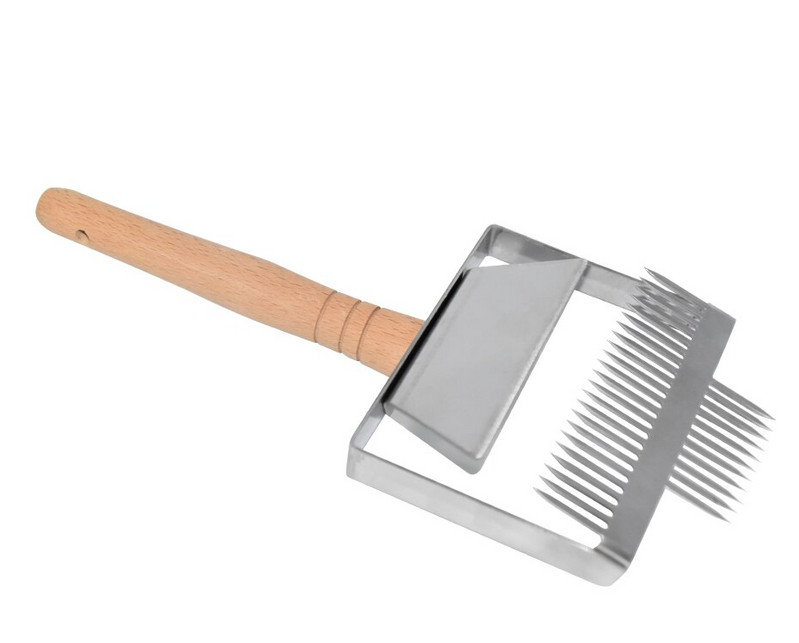 Vidlička na odviečkovanie medu, železná nehrdzavejúca oceľ, škrabka na med z plástu, drevená rukoväť, včelárske vybavenie, nástroj